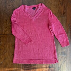 Talbots Pink V-Neck Linen Sweater Women's Large Lightweight Ribbed Casual Knit
